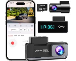 Olvy Dual Dashcam - Voor Auto - Camera Voor en Achter - 4K - Full HD - Nachtzicht - Met 64GB SD - Wifi - Parkeermodus