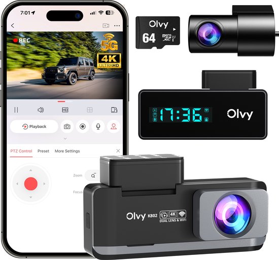 Olvy Dual Dashcam - Voor Auto - Camera Voor en Achter - 4K - Full HD - Nachtzicht - Met 64GB SD - Wifi - Parkeermodus