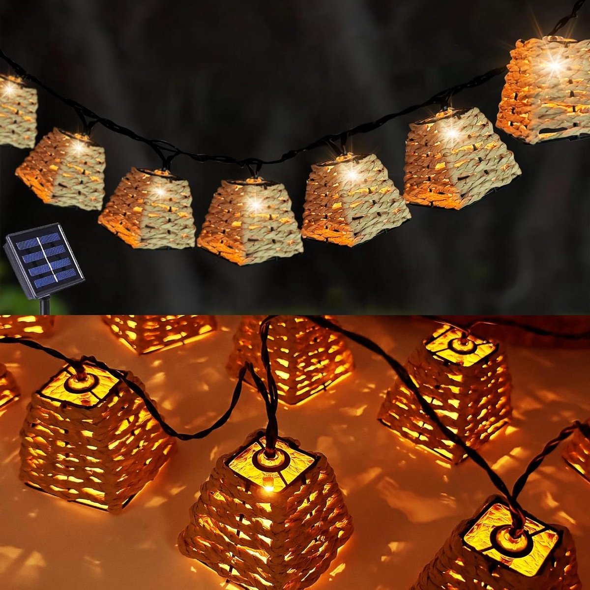 Provento - Lichtsnoer op zonne-energie voor buiten, 10 leds, rotan bol lampions, led-lichtketting weerbestendig waterdicht tuin outdoor.