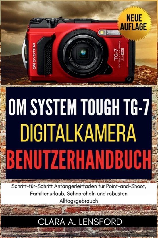 Een rode OM SYSTEM TOUGH TG-7 waterdichte digitale camera op een stenen achtergrond.
