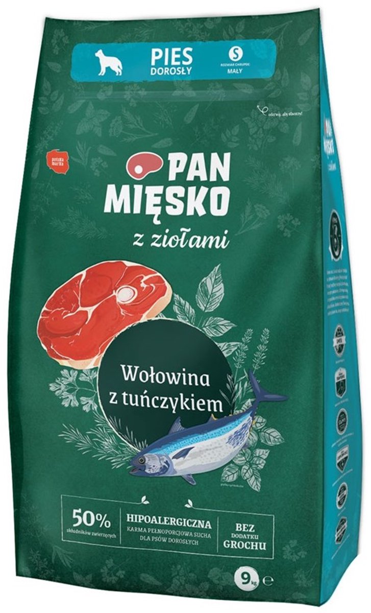 PAN MIĘSKO Pan Mięsko - Droogvoer voor Honden - Rund & Tonijn - Brokken S - Graanvrij - Ondersteunt Spijsvertering & Vacht - 9 kg