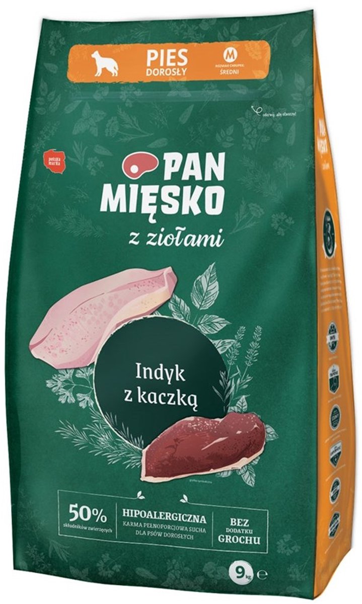 PAN MIĘSKO Pan Mięsko - Droogvoer voor Honden - Kalkoen & Eend - Brokken M - Graanvrij - Natuurlijk & Hypoallergeen - 9 kg