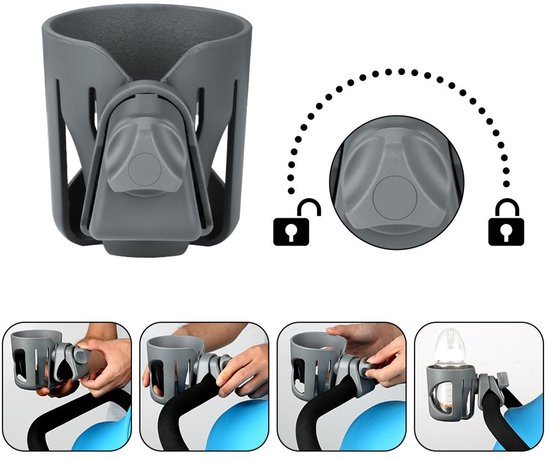Universele bekerhouder, bekerhouder voor kinderwagens, 360° draaibare, groot kaliber flessenhouder voor kinderwagen, fiets, rolstoel, rollator, scooter, grijs — afbeelding 3