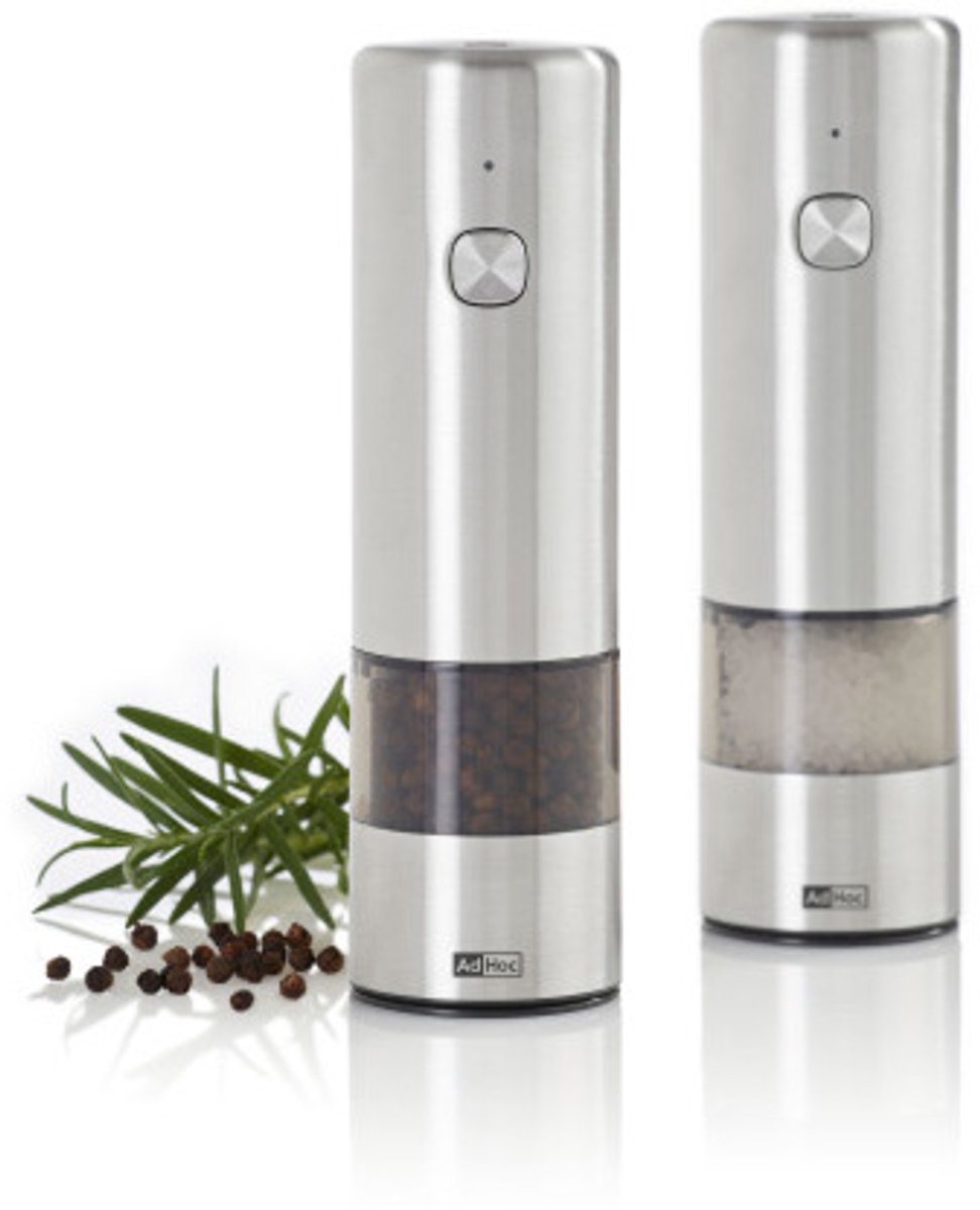 AdHoc i.Mill Elektrische Peper- en Zoutmolen Set – RVS & Acryl – Oplaadbaar – Keramisch Maalwerk – 17 cm