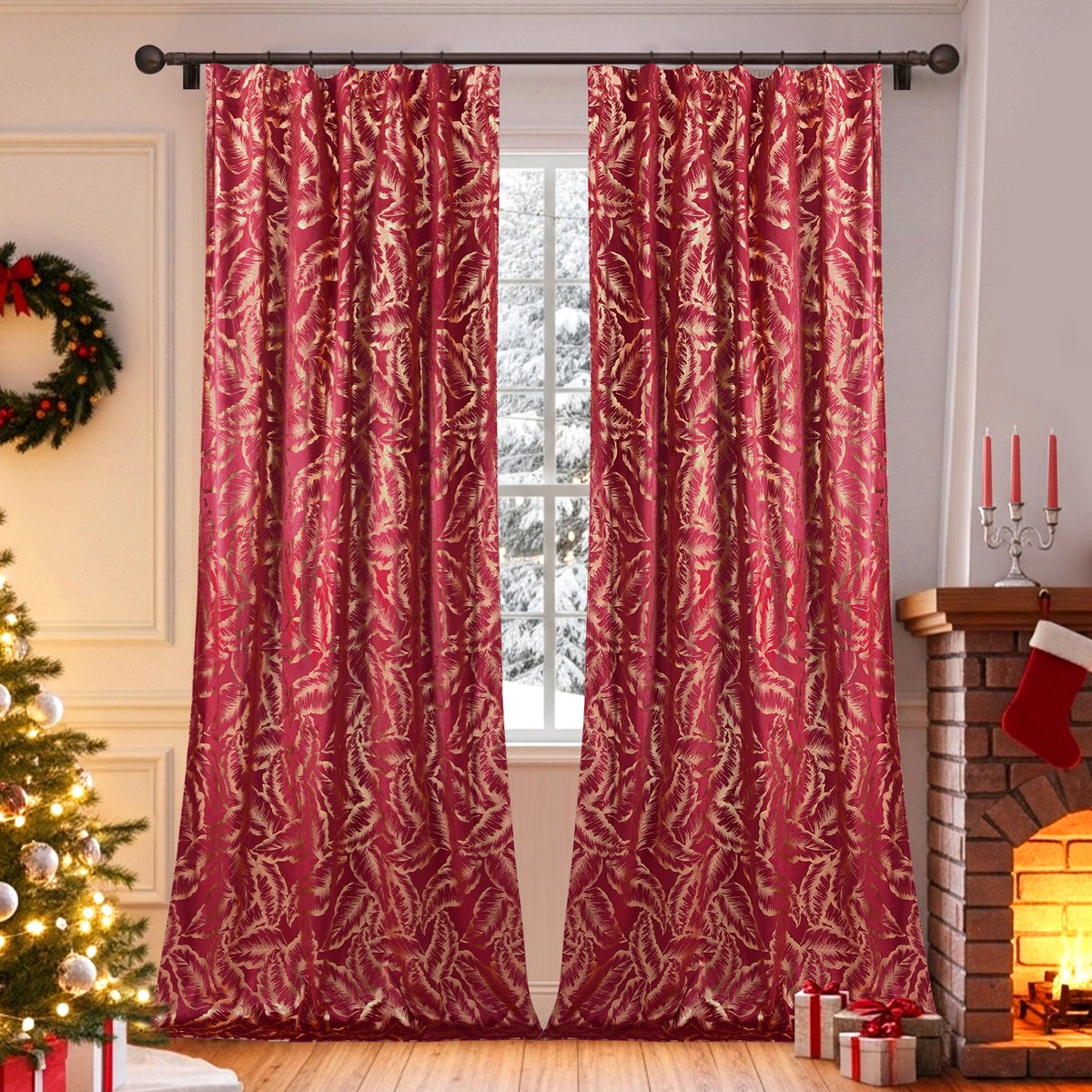Qelus 2 Stuks Gordijnen Kant en Klaar - Luxe Fluwelen Korte Gordijnen met Gouden Folie - Verduisterend & Lichtwerend - Feestelijke Sfeer voor Woonkamer & Slaapkamer - B 132 x H 274cm(Rood) Rode-bladeren