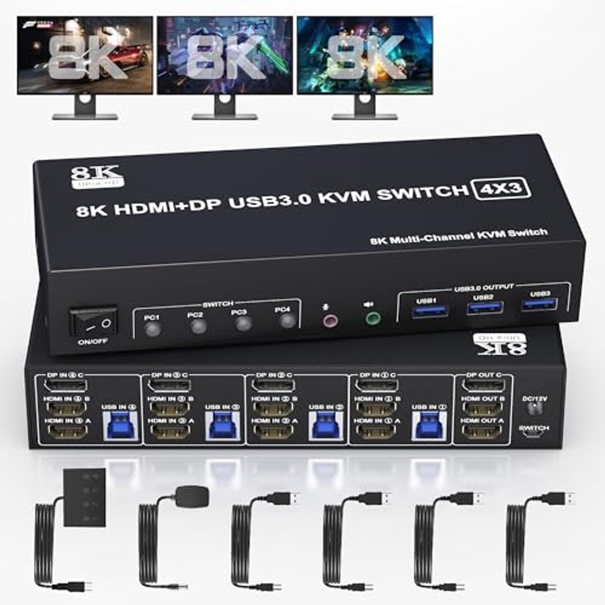 KVM Switch voor 3 Monitoren en 4 Computers met 8K @60Hz en USB 3.0