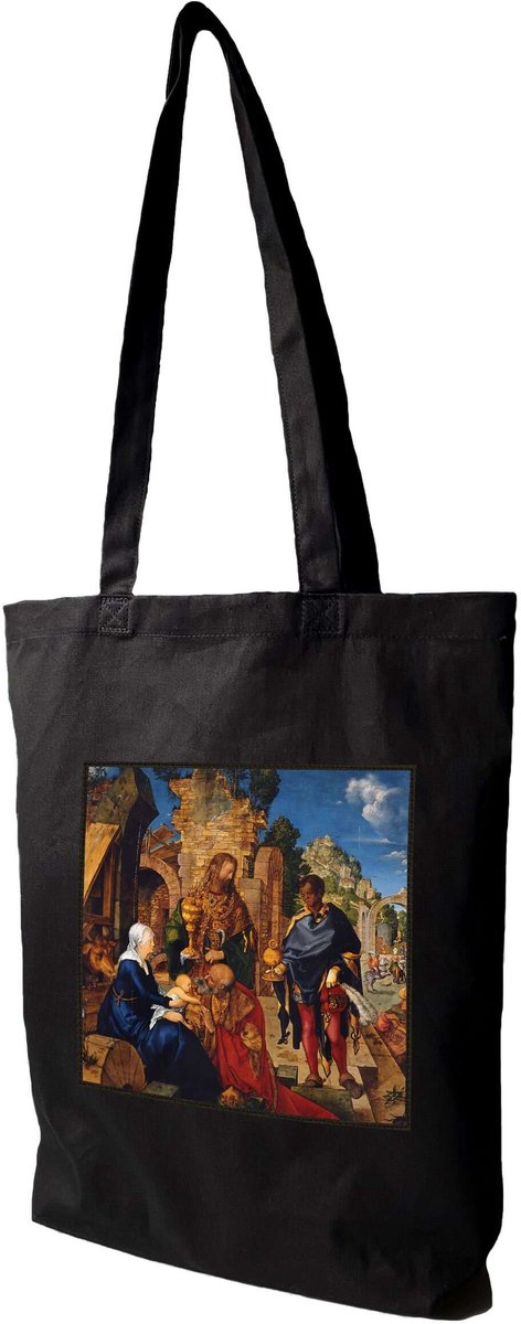 Shopper Tas met Albrecht Dürer "Drie Koningen" Opdruk - Zwart/Ecru
