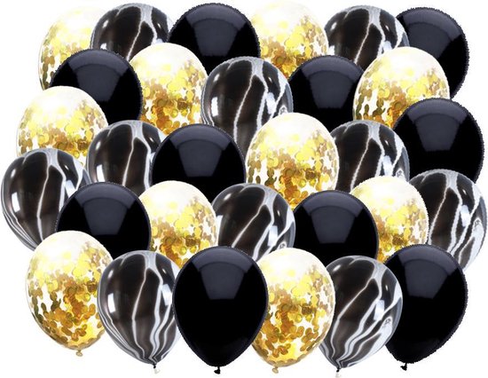 30 st. Luxe Set Balonnen Zwart Marmer Goud Confetti - Verjaardag Versiering  - Bruiloft... | bol.com