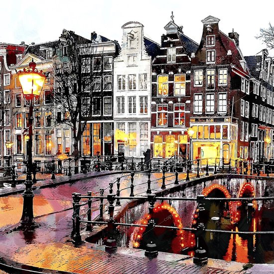 Brug de gracht in Amsterdam, Nederland in olieverf look stad,... bol.com