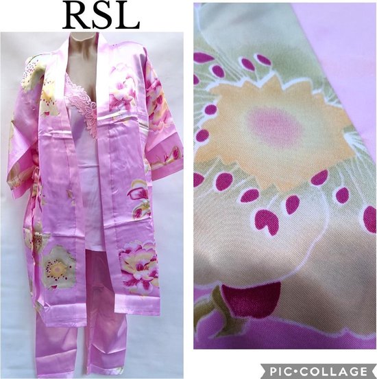 Dames satijn pyjama set 3 delige met kimono XXL 42-44 roze