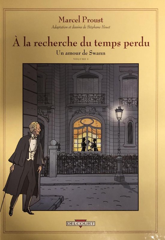 Boekomslag van 'À la recherche du temps perdu - Un amour de Swann' met een tekening van een man op straat en een raam met twee figuren.