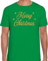 Fout Kerst shirt / t-shirt - Merry Christmas - goud / glitter - groen - heren - kerstkleding / kerst outfit S (48)