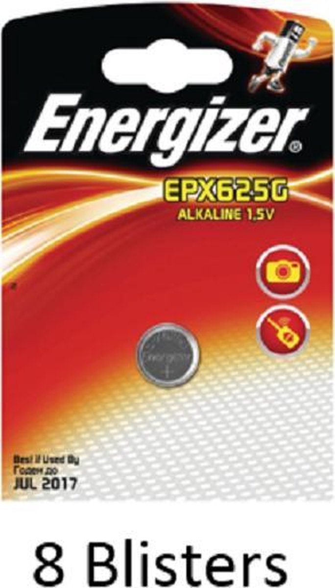 8 stuks (8 blisters a 1 stuk) Energizer Alkaline knoopcel 625A 1.5V EPX625G