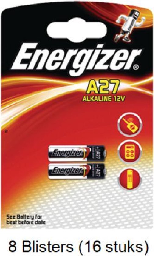 16 pièces (8 blisters de 2 pièces) Energizer Alkaline LR27 / A27 12v