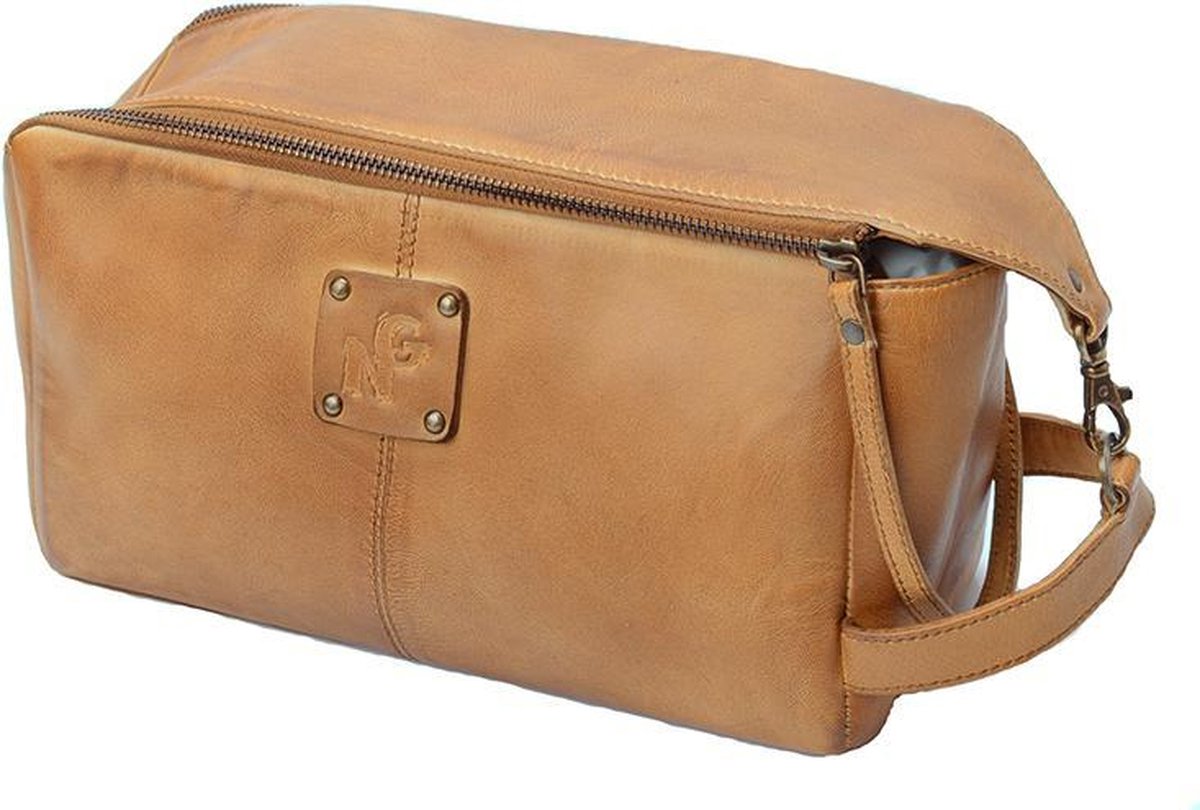Toilettas - Landleder - Luxe ” Naturgewalt ” Lederen Toilettas - Cognac Washed - Afmeting: 27 x 12 x 15 cm.