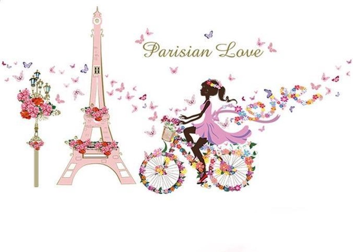 MUURSTICKER - PARIJS - WANDDECORATIE - KINDERKAMER - BABYKAMER - MEISJE OP FIETS - nr 340