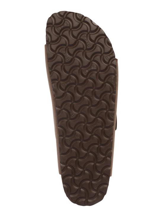 Onderkant van een bruine Birkenstock Arizona slipper met golvend profiel.