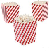 Popcorn bakjes rood schuin gestreept - 12 stuks - stevig karton - klein formaat - 8 cm breed - 10 cm hoog