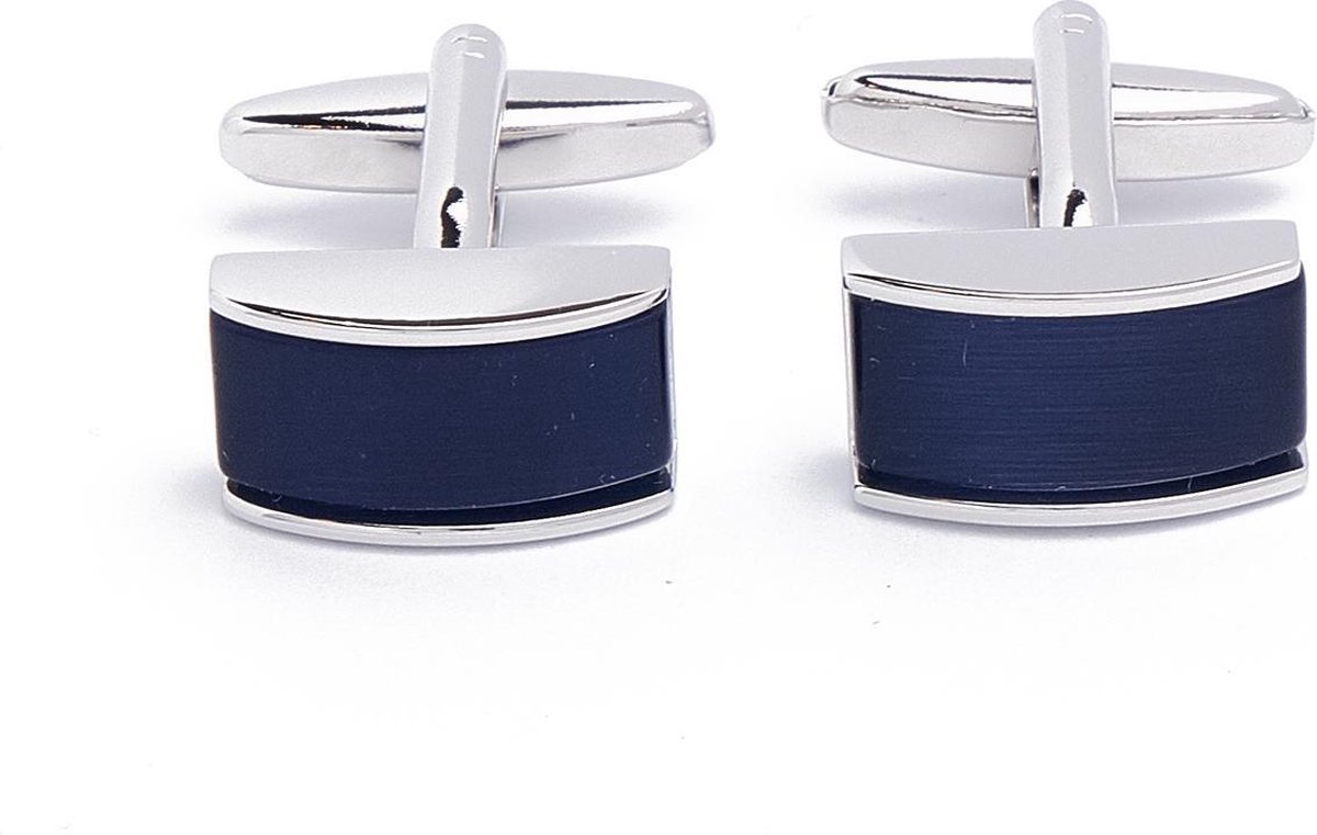 Manchetknopen - Zilver Met Blauw Rechthoek Effen