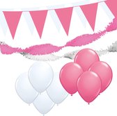 Versiering pakket L "Wit & Roze" - ballonnen / slingers en vlaggenlijnen | Baby shower | Gender reveal | meisje