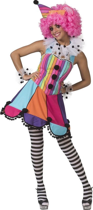 Funny Fashion - Clown & Nar Kostuum - Lollige Clown Circus Regenboog - Vrouw - Multicolor - Maat 44-46 - Carnavalskleding - Verkleedkleding