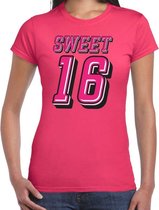 Sweet 16 cadeau t-shirt voor dames - roze fuchsia - 16de verjaardag / jarig shirt / outfit M