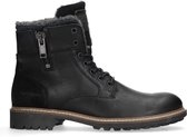 Manfield - Heren - Zwarte leren veterboots met bont - Maat 44