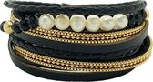 Armband Dames Zwart- Leren Wikkelarmband Galeara design Perla 21,5cm met Parels Goudkleurig