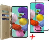 Hoesje geschikt voor Samsung Galaxy A51 - Screen Protector FullGuard - Book Case Leer Pasjeshouder Goud & Screenprotector