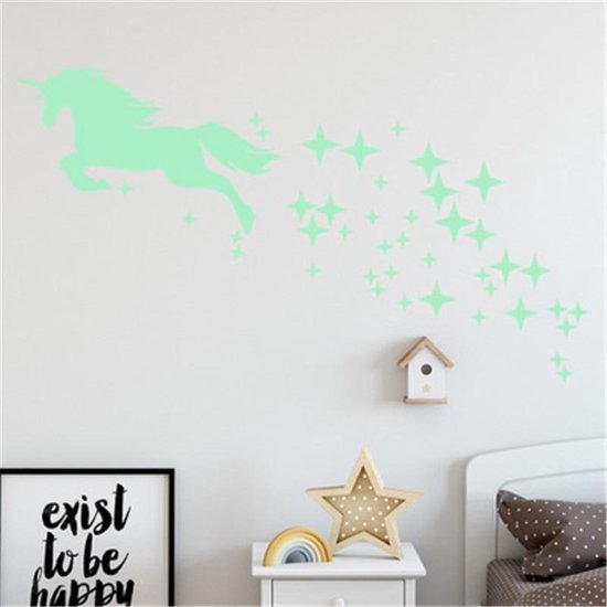 sticker mural licorne - licorne lumineuse - lueur dans le noir autocollant avec des étoiles