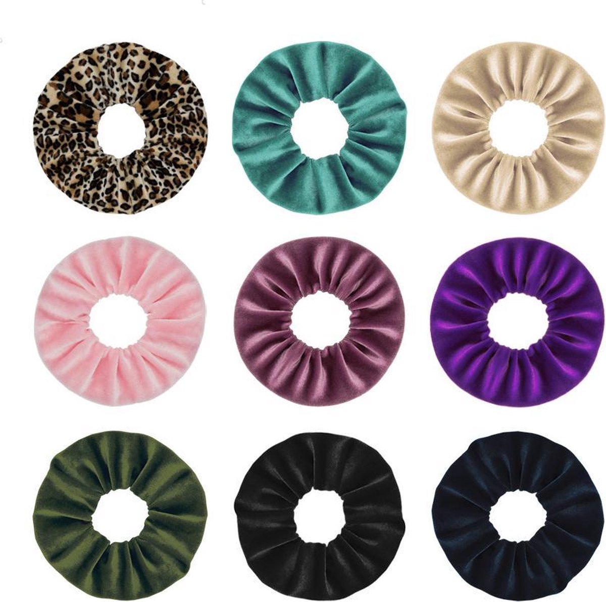 Jumalu scrunchie velvet haarwokkel haarelastiekjes - beige, paarsroze, legergroen, navy blauw, tijgerprint, lichtroze, mint groen, paars en zwart - 9 stuks