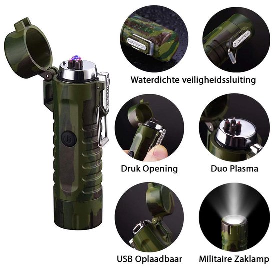 Superlit Plasma Aansteker – Elektrische Stormaansteker - Waterdicht met Militaire Zaklamp -  Survival Camo