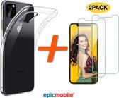 iPhone 11 Pro Max Hoesje Tranpsarant - Silicone Case - 2x Temerped Glass Screenprotector - Epicmobile