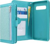 Samsung Galaxy S10 Bookcase hoesje - CaseBoutique - Glitter Turquoise - Kunstleer - Glitters - Rits Vakje