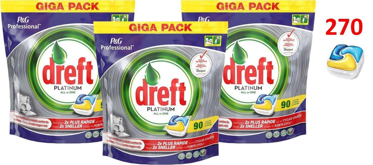 Dreft Platinum - All in one Lemon - 3 x 90 (270) Stuks - Vaatwastabletten - voordeelverpakking