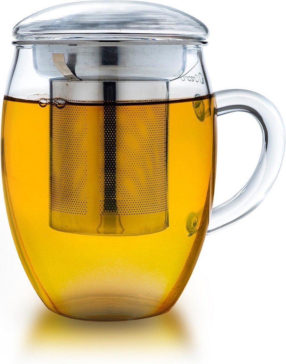 Creano theeglas alles in één 400ml, grote theekop met roestvrijstalen zeef en glazen deksel om losse thee en kruiden thee in te maken.