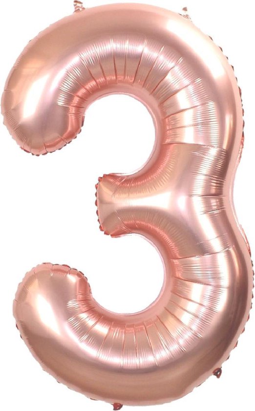 Folie Ballon Cijfer 3 Jaar Cijferballon Feest Versiering Folieballon Verjaardag Versiering Rose Goud XL 86Cm Met Rietje