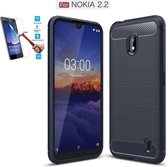 Nokia 2.2 Carbone Brushed Tpu Blauw Cover Case Hoesje - 1 x Tempered Glass Screenprotector