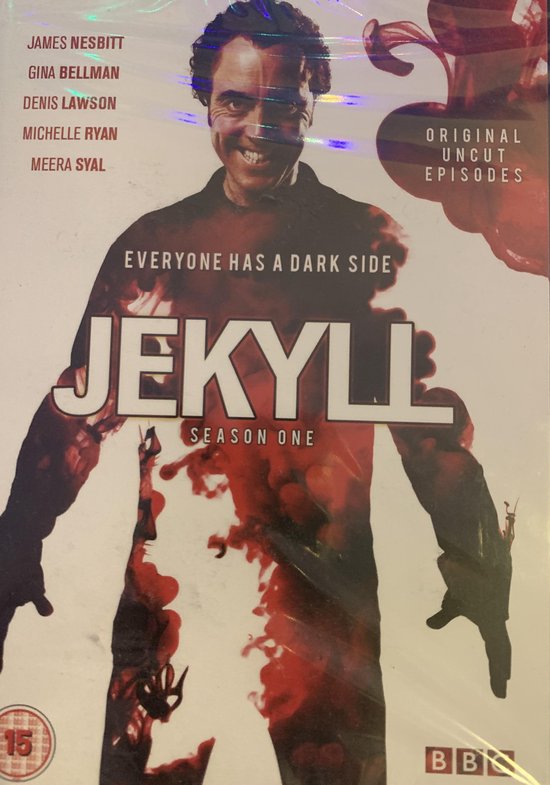 DVD-hoes met James Nesbitt op de voorkant, gekleed in een wit shirt besmeurd met rode verf, met de tekst "JEKYLL SEASON ONE" en "EVERYONE HAS A DARK SIDE".