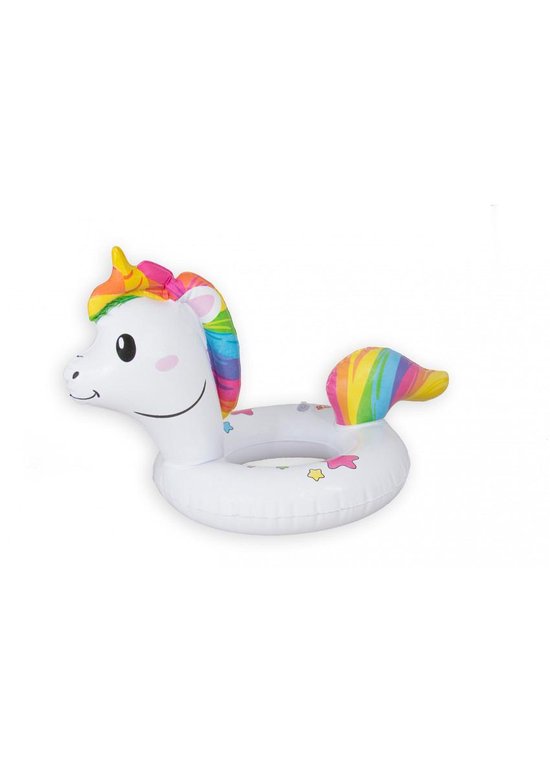 Witte opblaasbare eenhoorn zwemband met regenboogmanen en -staart, met sterren. Een speelgoed.