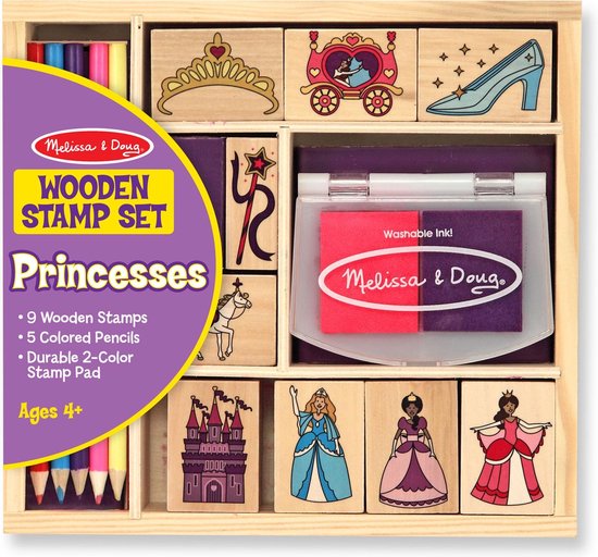 Jeu d'estampes princesse en bois Melissa & Doug: 9 tampons, 5 crayons de couleur et un tampon encreur 2 couleurs