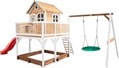 AXI Liam Speelhuis in Bruin/Wit - Met Verdieping, Zandbak, Summer Nestschommel en Rode Glijbaan - Speelhuisje voor de tuin / buiten - FSC hout - Speeltoestel voor kinderen
