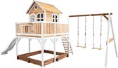 AXI Liam Speelhuis in Bruin/Wit - Met Verdieping, Zandbak, Dubbele Schommel en Witte Glijbaan - Speelhuisje op palen met veranda - FSC hout - Speeltoestel voor de tuin