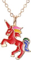 Ketting Unicorn / Eénhoorn Hanger Rood - Cadeau voor Meisje - 40 + 7 cm Verstelbaar - Goudkleurig – Incl. Cadeauverpakking