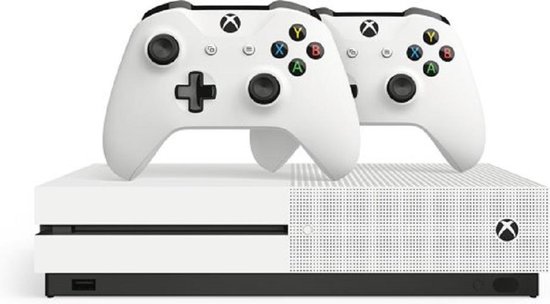 Witte Xbox One S console met twee witte controllers.