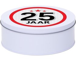 Cadeau/kado wit rond blik 25 jaar 18 cm - Snoeptrommels/koektrommels - Cadeauverpakking voor verjaardag Cadeau/kado wit rond blik 25 jaar 18 cm - Snoeptrommels/koektrommels - Cadeauverpakking voor verjaardag
