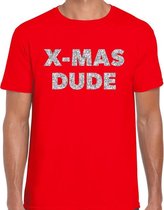 Foute Kerst t-shirt - X-mas dude - zilveren glitter letters / rood voor heren - kerstkleding / Christmas outfit L (52)