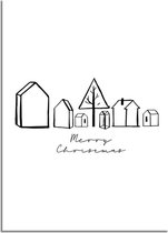 DesignClaud Kerstposter Merry Christmas Huisjes - Kerstdecoratie Zwart wit A4 + Fotolijst zwart