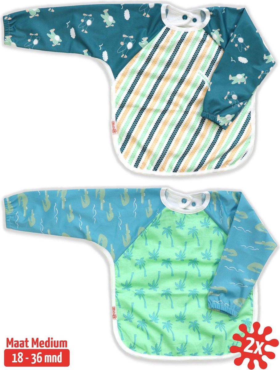 Goedkoopste Slab met mouwen set 2 stuks | KliederZ lange mouwslab 18 - 36 mnd | jongens peuter slab Vliegtuigen & Jungle LB04