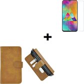 Geschikt voor Samsung Galaxy A20s Hoes Wallet Book Case Bruin hoesje PU Leder Pearlycase + Screenprotector Tempered Gehard Glas